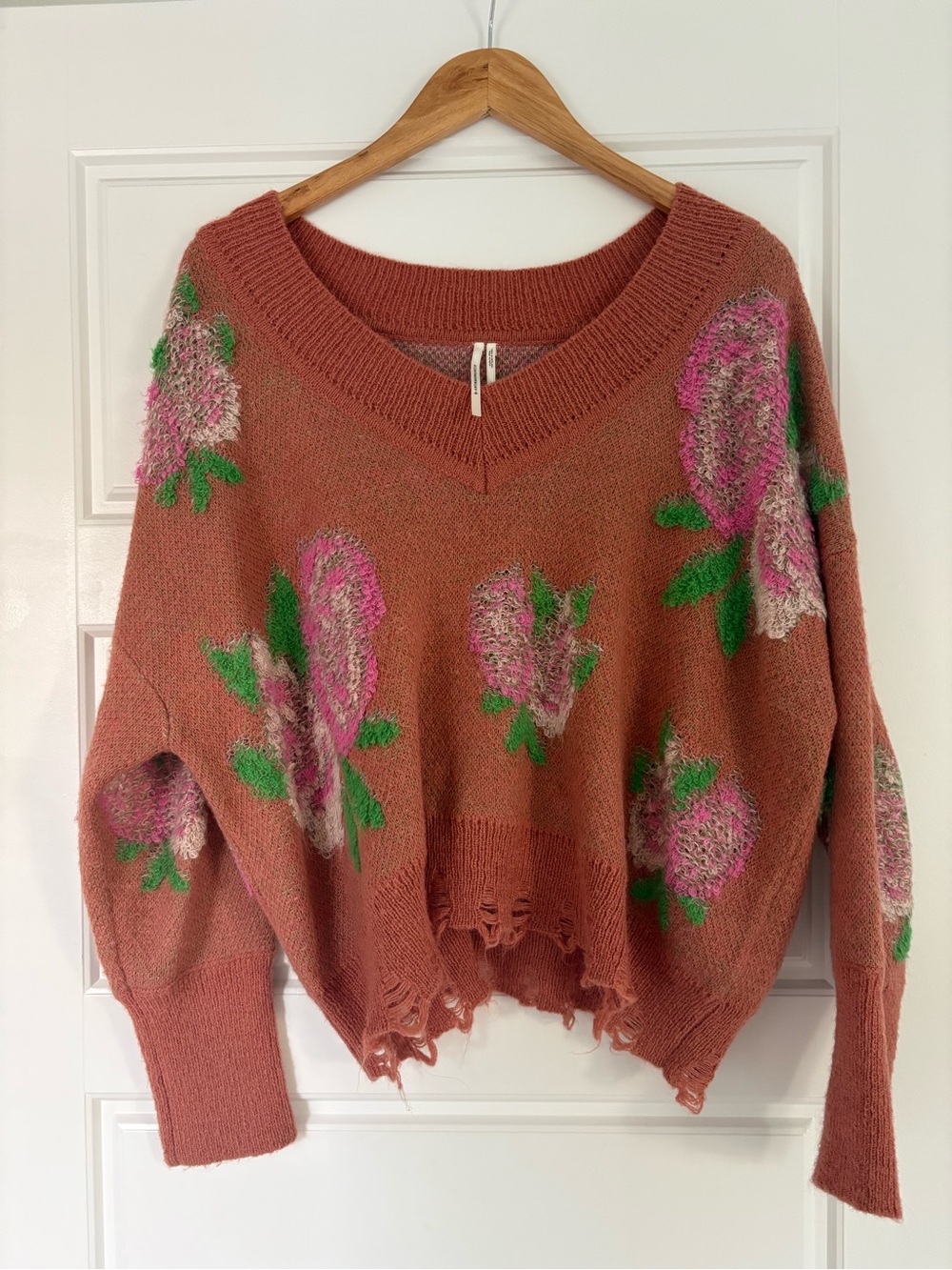 Anthropologie V-Neck Sweater with Pink Floral Detailing